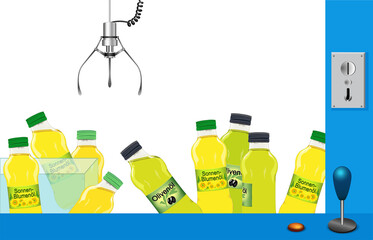 Speiseöl Automat, Sonnenblumenöl Automat, 
Olivenöl Automat mit Greifarm des Greifautomaten,
Vektor Illustration isoliert auf weißem Hintergrund
