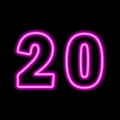 Neon pink number 20 on black background. Serial number, price, place