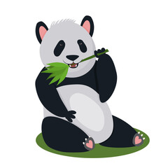 Cute cartoon panda flat vector illustration Adorable jungle wild mammal eating bamboo leaf