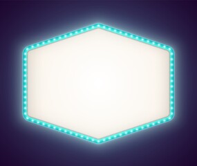 Blue retro lightbox with white light bulbs, vintage theater signboard mockup isolated on a dark background. Bright hexagonal commercial announcement banner. Marquee billboard with lamps.