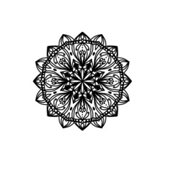 Simple black floral orientation mandala on white background.