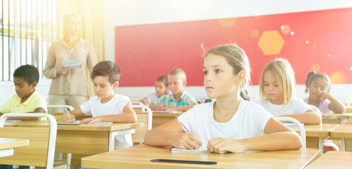 Portrait of diligent schoolgirl sitting in class working with classmates, writing exercise