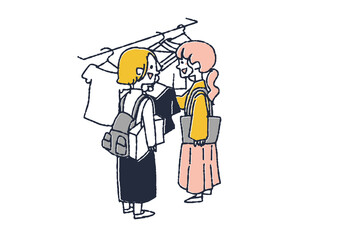 友人と洋服を探しに来た女性　コミカルな手書きの人物　ベクター、温かみのある線画