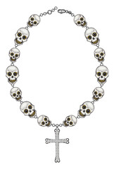 Jewelry design head skull mix diamond cross necklace . Hand drawing and painting on paper.