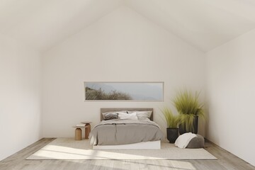 Scandinavian bedroom with pot decor with green grass on wooden floor, grey pouf in a house with a triangular roof. Light and shadow on the floor. 3D rendering illustration mock up.