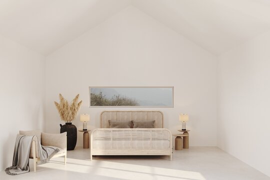 Scandinavian bedroom with vase decor with ears on concrete floor, upholstered armchair in a house with a triangular roof. Light and shadow on the floor. 3D rendering illustration mock up.
