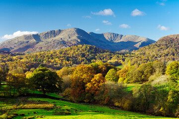 Lake District National Park, Cumbria, England, UK. Autumn Fall colors colours landscape. S.W. over Langdale to Wetherlam mountain from Loughrigg