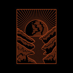 monoline art design of the river and island with big sun