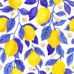 Lemon seamless pattern. Fruits background for fabric, wallpaper, wrapping paper. Hand drawn botanical illustration