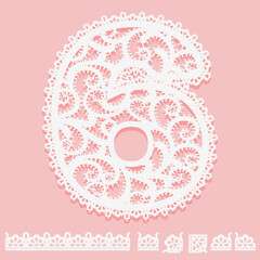 Digit 6 written of white lace isolated on pink background. Pattern brush with corner and end elements and number sixth Border for frame. Lacy item for design card or invitation - obrazy, fototapety, plakaty