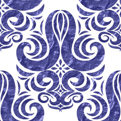 Ceramic decorative seamless pattern. Floral textured wallpaper decor baroque and damask style. Blue porcelain royal background for design textile, paper, floor and wall.
