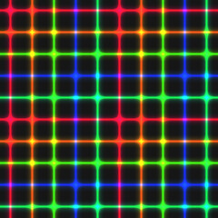 Seamless neon grid pattern. Multicolored laser mesh with glow intersects on dark background. Repeating backdrop with colourful neon regular lines.