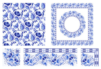 Set of elements with flowers. Blue seamless pattern on white in oriental asian style. Border brush with corner items. Round and square frame. Cobalt painting style on ceramic. Chinese design motifs.
