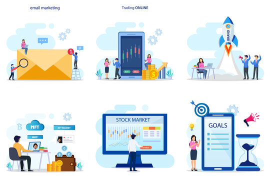 Set bundle Business concept. email marketing, trading online, brand name, NFT, stock market, goal.