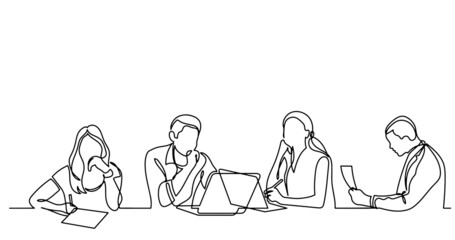 continuous line drawing of office workers at business meeting