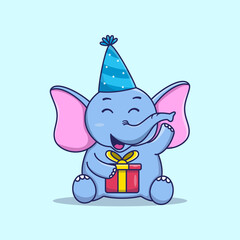 Cute Baby elephant birthday with gift box cartoon