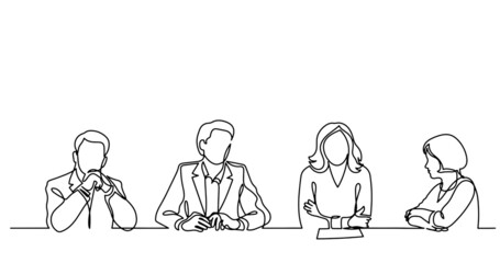 continuous line drawing of office workers at business meeting