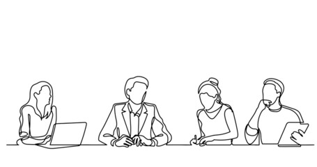 continuous line drawing of office workers at business meeting