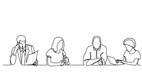 continuous line drawing of office workers at business meeting