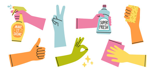 Set with hands in rubber gloves. House cleaning, disinfection. Hand protection.
Dusting cloth, household chemicals, sponge for cleaning.
Colorful vector illustrations isolated on white background.