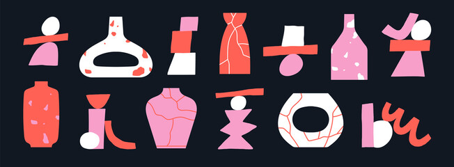 Set of stickers with ceramic objects and abstract shapes. Vases, pottery. Simple shapes, cracked texture. Home decorating, arts and crafts. Colorful vector illustration isolated on black background. 