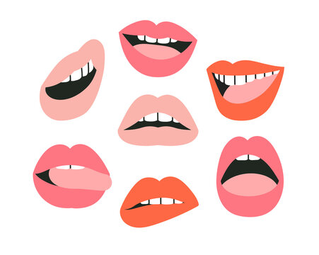 Illustration of lips with different emotions. Smile, opened mouth with white teeth, tongue. Set of icons. Make up and beauty concept.
Hand drawn vector illustrations isolated on white background.  