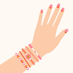 Cute poster with girl's hand with lots of multicolored beaded bracelets and baubles.
Beading, handmade, fashion concept. 
Hand drawn vector illustration in trendy colors isolated on pink background.