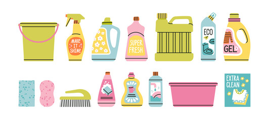 Set with household chemicals, cleaners, basin, brush, sponges, bucket etc. For dishwashing, house cleaning and laundry.
Hand drawn vector illustration isolated on white background in trendy colors.