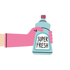 Poster with hand in rubber glove holding a bottle with a cleaner. House cleaning, disinfection. Protection of hands from household chemicals.
Colorful hand drawn vector illustrations.