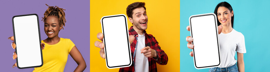Happy multicultural man and women holding smartphones with white screens