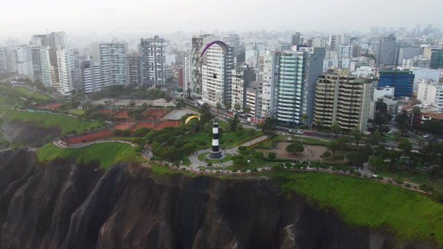 Drone video of paragliders flying in Miraflores district of Lima, Peru. Called "La Costa Verde". Many buildings, green areas, hills, trees, and a lighthouse can also be seen.