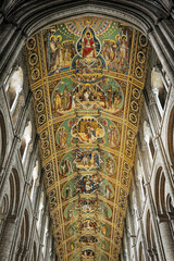 Ely Cathedral, Cambridgeshire, England. Painted Nave ceiling, a Victorian restoration, shows...