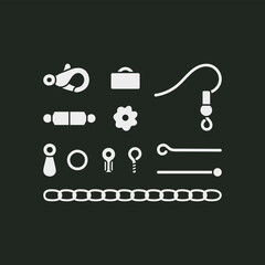 Set with equipment for beading and jewelry making. Silver spare parts  bracelets, necklaces and earrings.
Beading, handmade, fashion. 
Hand drawn vector illustration isolated on black background.