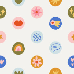 Cute seamless pattern with kawaii icons. Positive print with rainbow, stars, hearts, lips etc.
Ideal for wrapping paper, backgrounds, fabric design etc.
Trendy hand drawn vector illustrations.