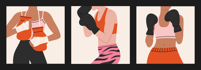 Set of posters with girls boxers in sportswear, with gloves. 
Training, boxing, wrestling, defense. Fragments. Cool sport illustrations in modern colors.
Hand drawn vector illustrations.