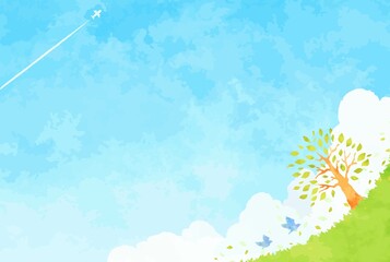 爽やかな青空と草原と樹木の風景イラスト