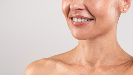Tech Neck Treatments. Unrecognizable Middle Aged Woman With Beautiful Skin, Cropped Shot - obrazy, fototapety, plakaty