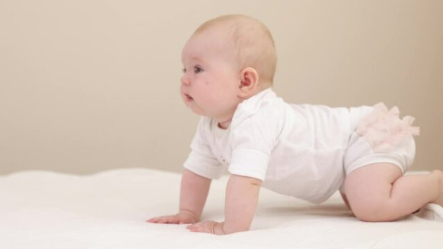 Curious adorable little baby girl crawling and learning for the first time on white home background