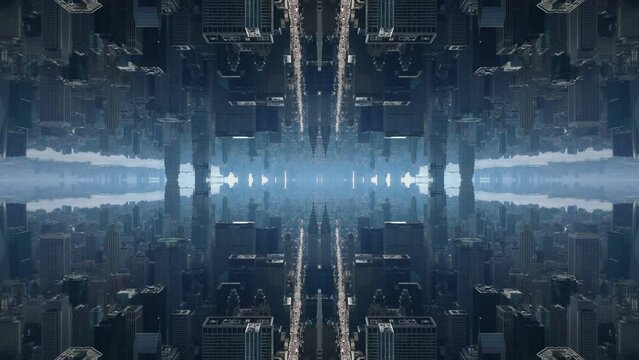 Amazing aerial view of modern city borough in metropolis. Abstract computer effect digital composed footage.