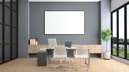 Modern manager room with desk and computer, gray slat wall and built-in wooden cabinet. 3d rendering