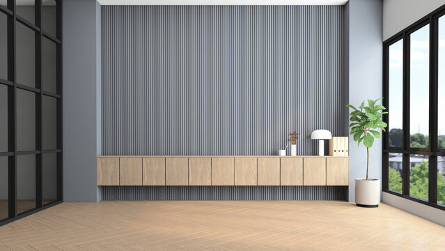 Modern empty room with gray slat wall and built-in wooden cabinet. 3d rendering