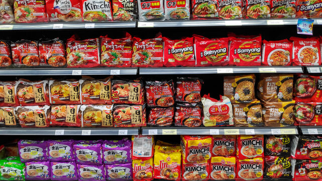 Various brand of instant noodles in packaging for sale