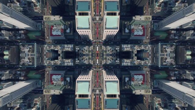 Top down shot of traffic in downtown streets in large city. Abstract computer effect digital composed footage.