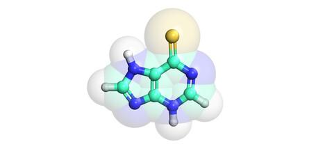 Fototapeta na wymiar Mercaptopurine, anticancer drug, 3D molecule