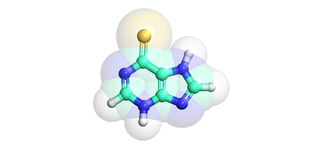 Mercaptopurine, anticancer drug, 3D molecule