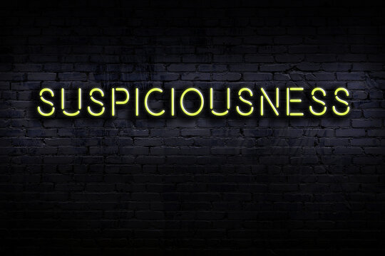 Night view of neon sign on brick wall with inscription suspiciousness