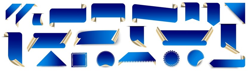 Modern blue ribbon banner. Happy holiday. Price tag. Web banner. Design element. Vector illustration. Stock image. 