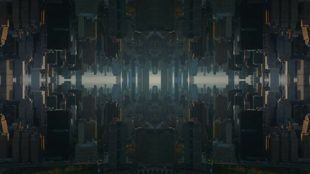 Backwards reveal of downtown buildings in metropolis. Abstract computer effect digital composed footage.