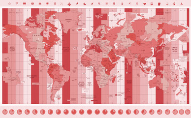 World Map with Standard Time Zones with clock icons