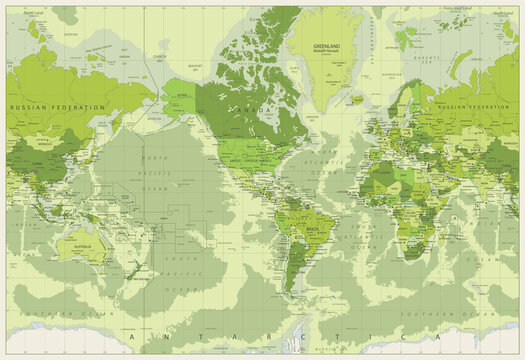 World Map - Political - American View - America in Center - Green Colors Water Bathymetry